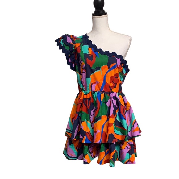 PEACE LOVE CALIFORNIA ADDIE ABSTRACT ONE SHOULDER TIERED MULTICOLOR MINI DRESS - Picture 2 of 16